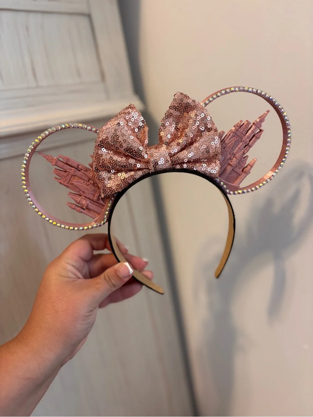 Sequin Bow Minnie Disney Headband Ears - Pink & Rose Gold